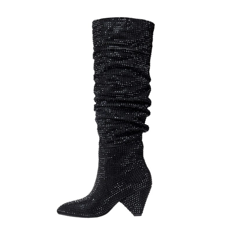 Women's Knee High Boots silver Pleated crystal