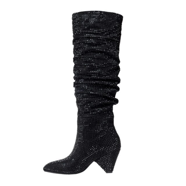 Women's Knee High Boots silver Pleated crystal