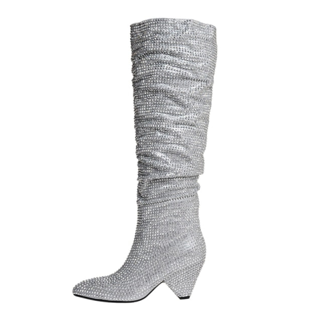 Women's Knee High Boots silver Pleated crystal