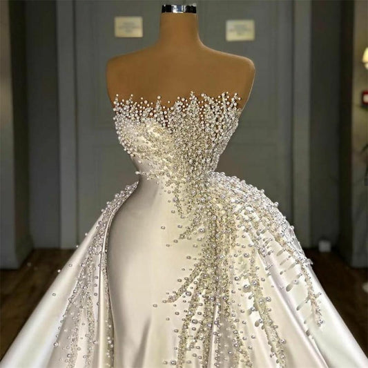 Elegant Heavy Pearls Wedding Dresses with Satin Overskirt