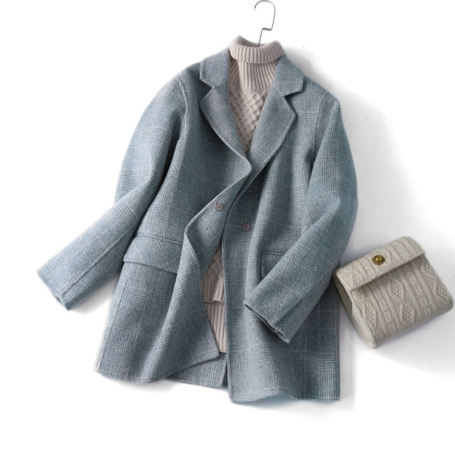 Handmade 90%Wool Women Plaid Blazer Coat