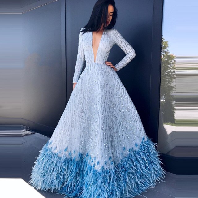 Light Blue Beaded Long Dress A-line With Feathers