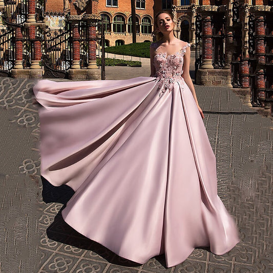 V-Neck Satin Ball Gown Prom Dress Robe