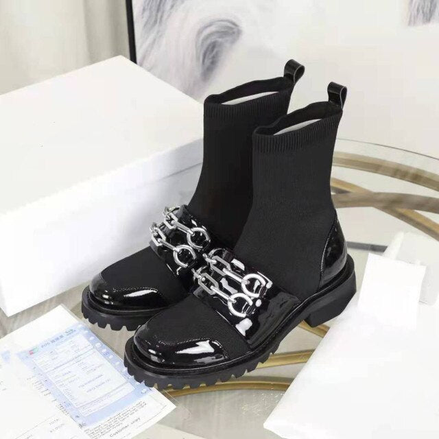 Women Leather Wool Platform Sock Boots