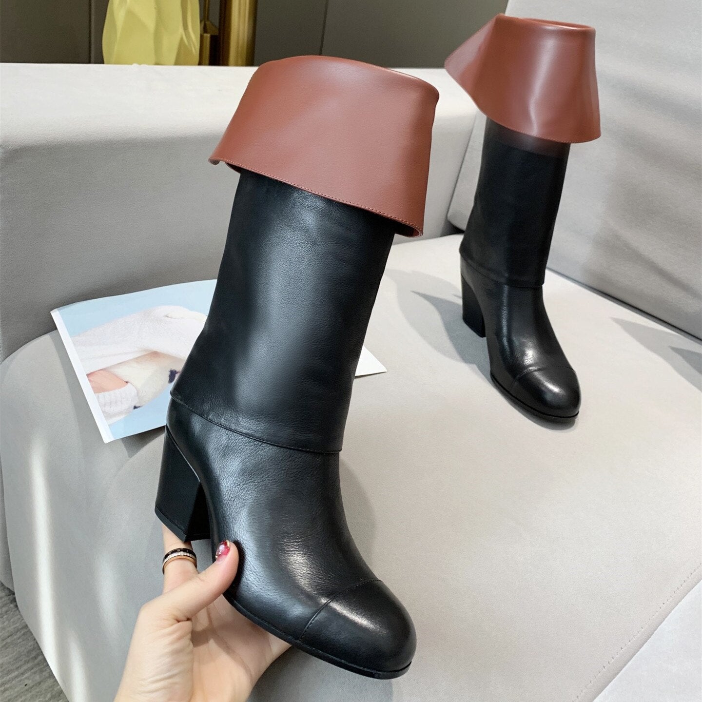 Chunky High Heels Women Genuine Leather Mid-Calf Boots