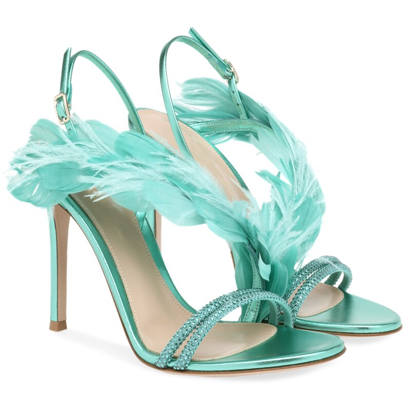 stiletto heel feather rhinestone ball sandals