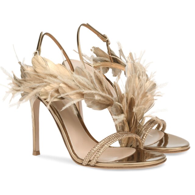 stiletto heel feather rhinestone ball sandals