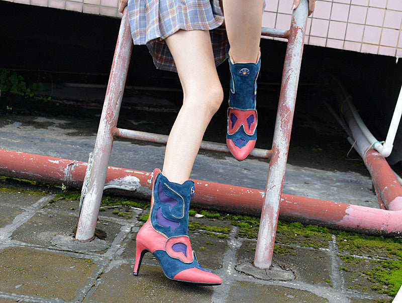 Patchwork Mid-calf Boots Women Pumps