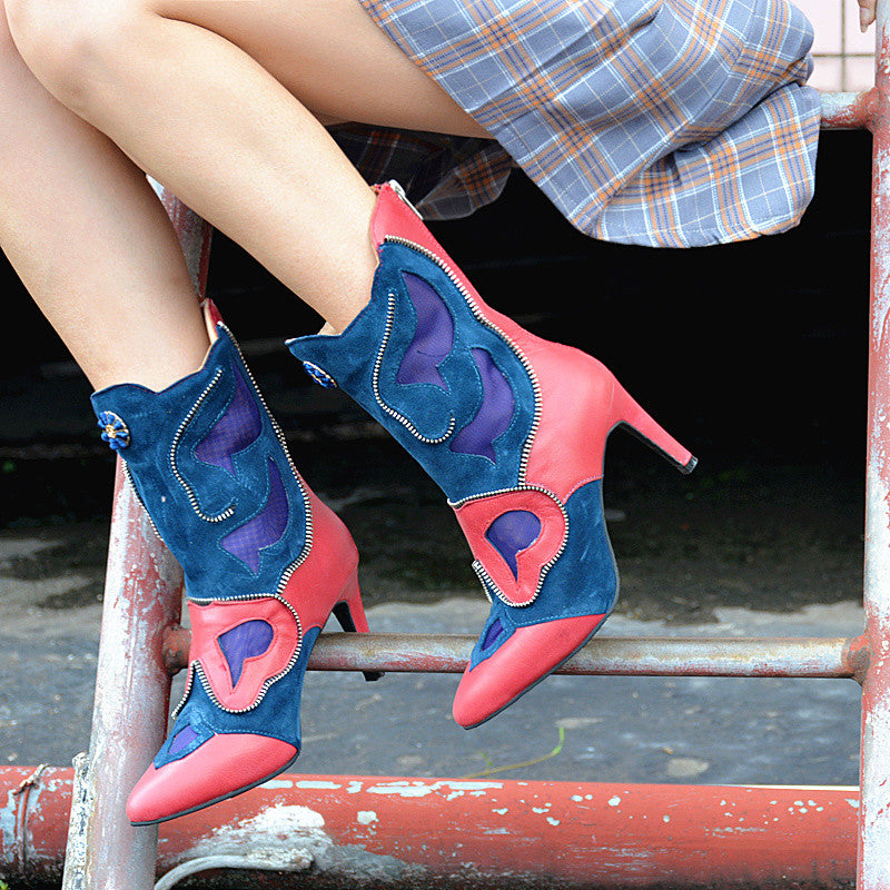 Patchwork Mid-calf Boots Women Pumps