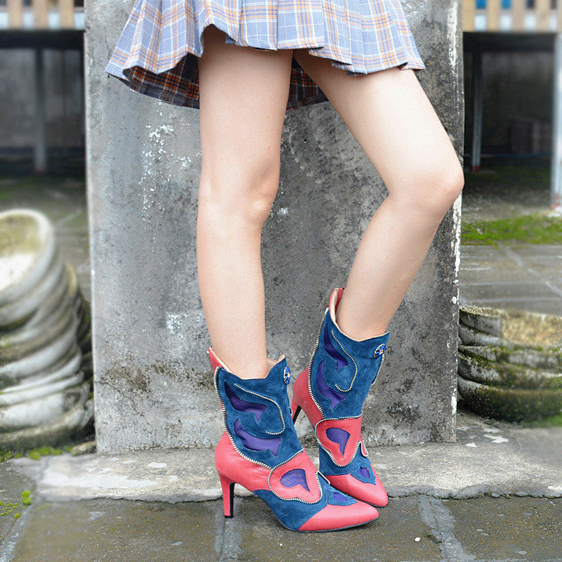 Patchwork Mid-calf Boots Women Pumps