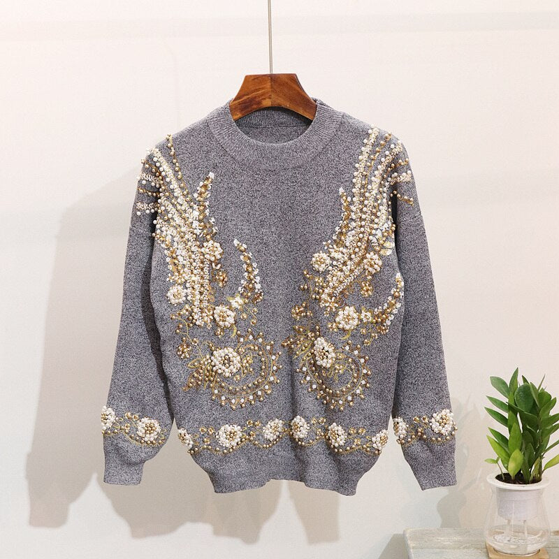 Women Beading Embroidery Knitted Sets Sweater