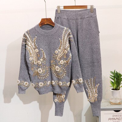 Women Beading Embroidery Knitted Sets Sweater