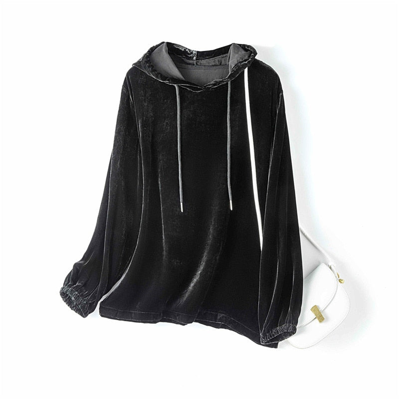 Women Hoodies Real Silk Velvet Hooded