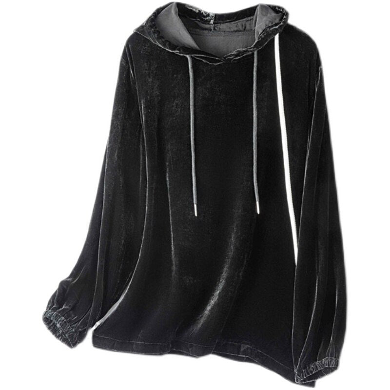 Women Hoodies Real Silk Velvet Hooded