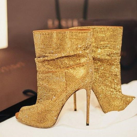 Luxury Gold Crystal Ankle Boot Peep Toe High Heels