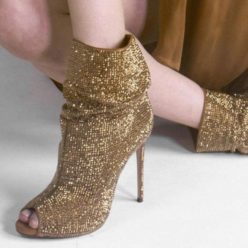 Luxury Gold Crystal Ankle Boot Peep Toe High Heels