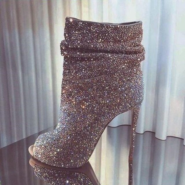 Luxury Gold Crystal Ankle Boot Peep Toe High Heels