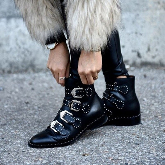 Black Leather Studded Ankle Boots For Women