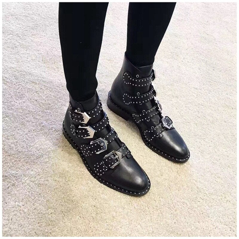 Black Leather Studded Ankle Boots For Women