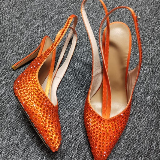 Orange Rhinestone High Heel Pumps Shinny