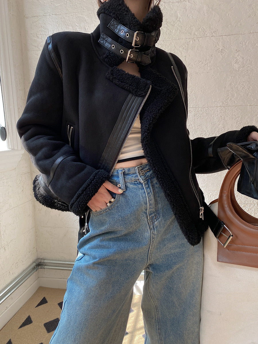 Women's Jacket Coat Vintage Fur Zipper Tops Chic