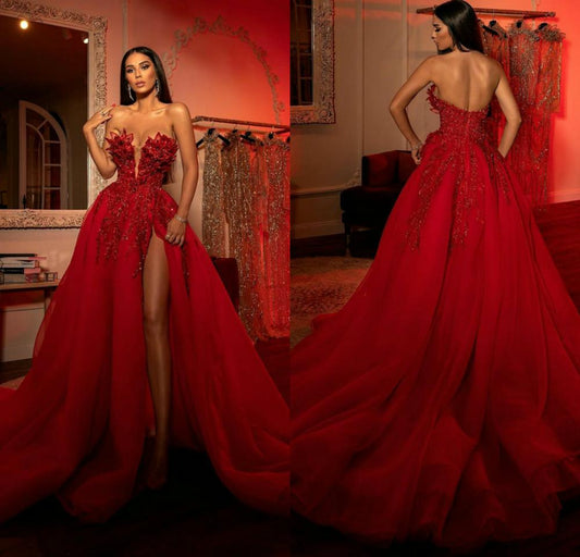 Red Prom Dresses High Side Split Beaded