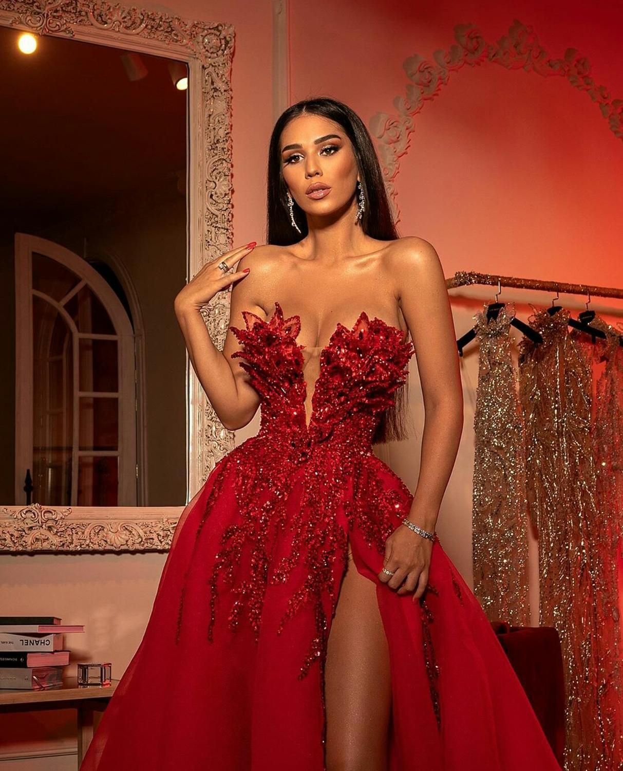 Red Prom Dresses High Side Split Beaded