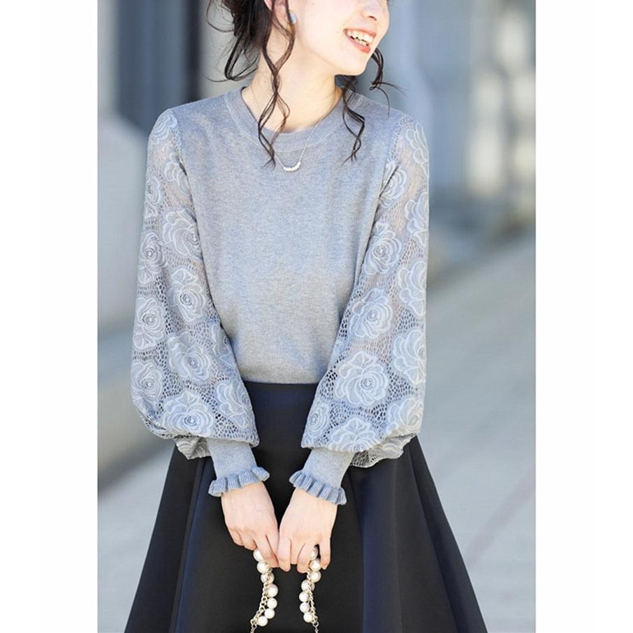 Women Lace Stitching Lantern Sleeve Sweater