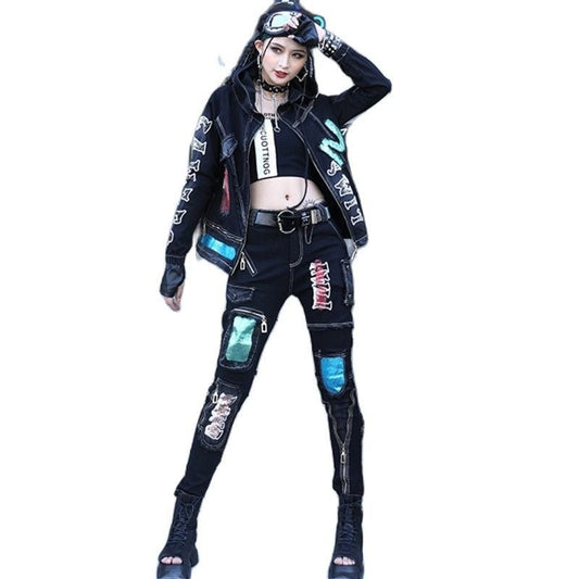 Print Contrast Color Hooded Denim Jacket Jeans