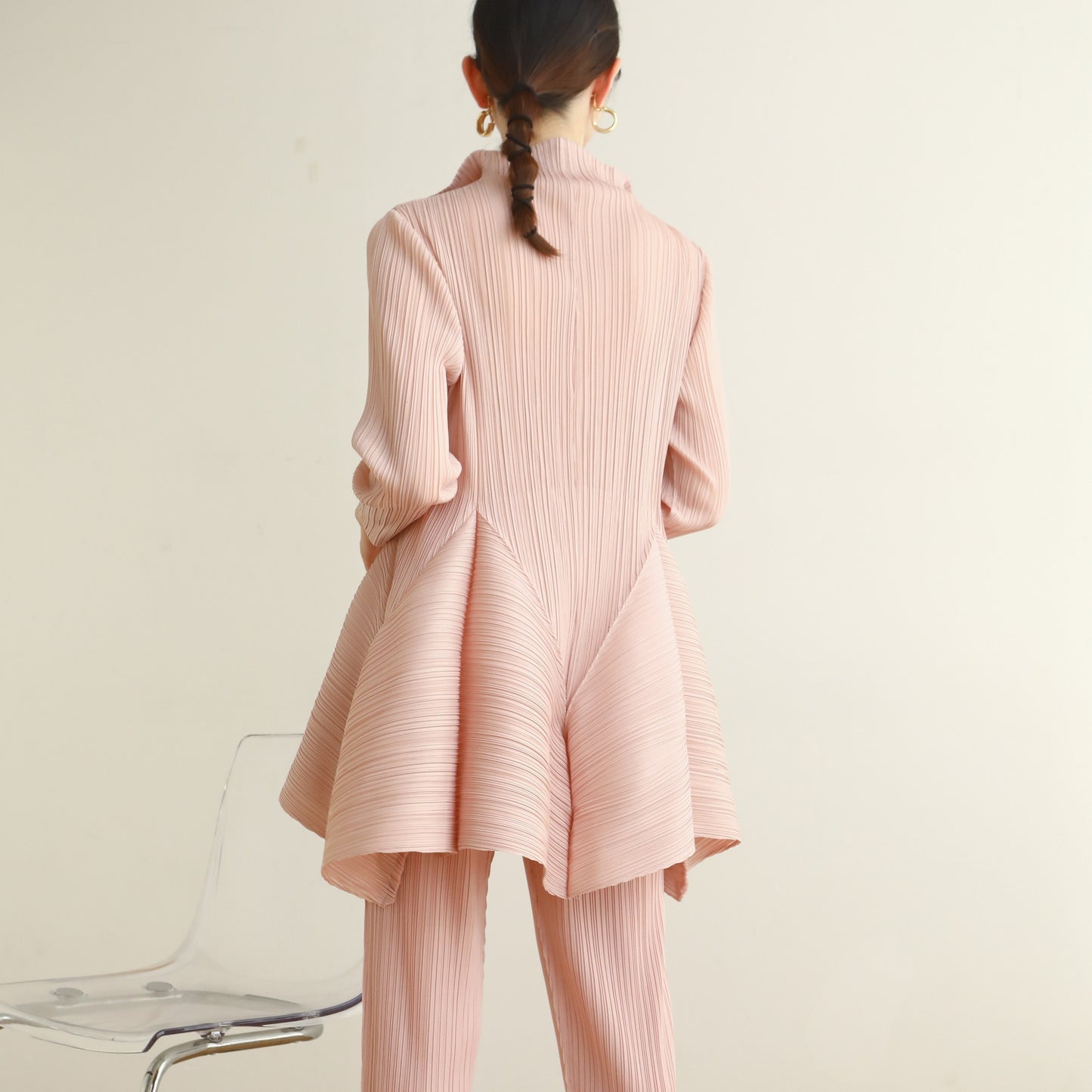 New Pleated Woman Bud dress Solid Long sleeve