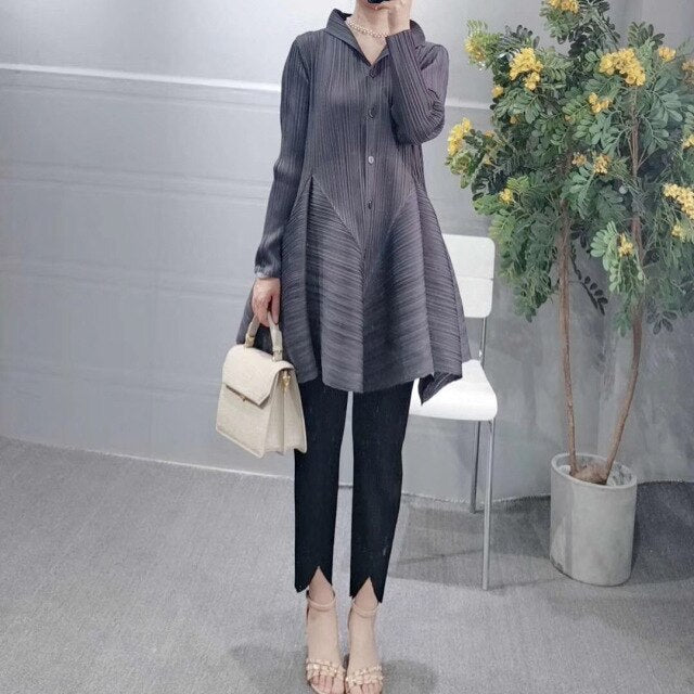 New Pleated Woman Bud dress Solid Long sleeve