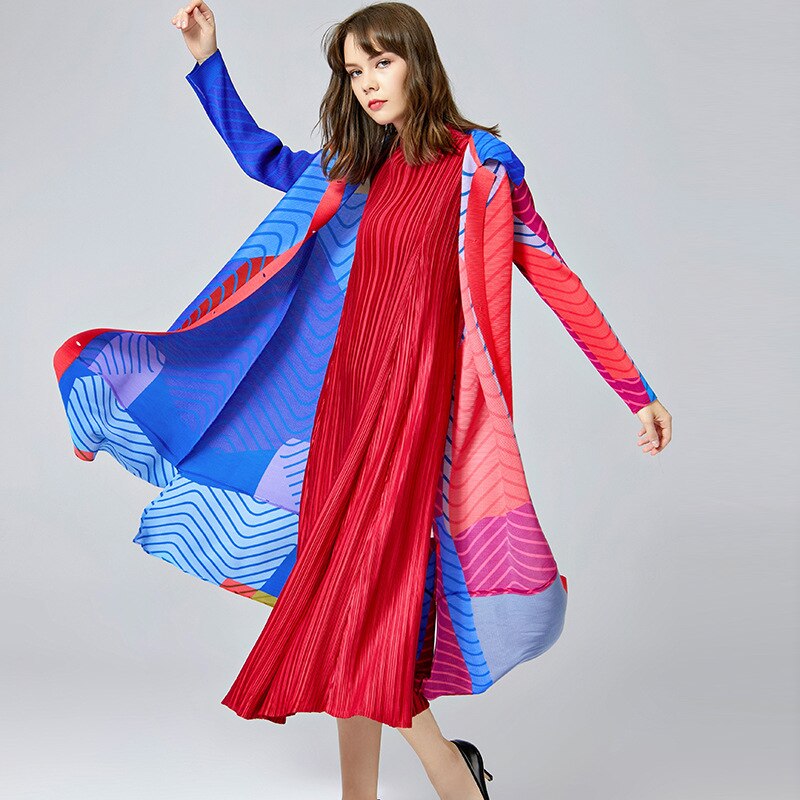 Women Contrast Color Print Long Sleeved Pleats Trench