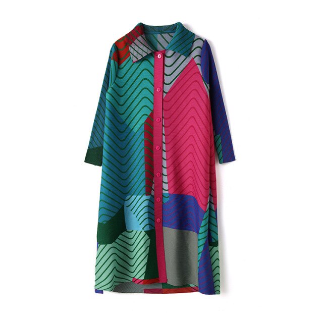 Women Contrast Color Print Long Sleeved Pleats Trench