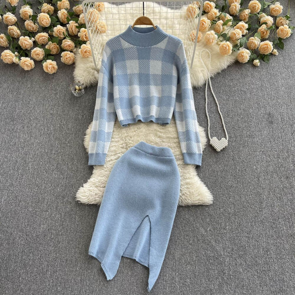 Women Fashion Plaid Sweater Suit Two Piece Knitwear