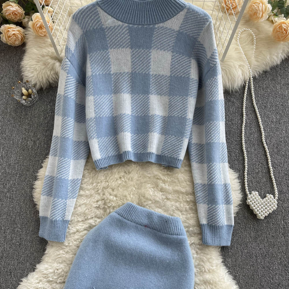 Women Fashion Plaid Sweater Suit Two Piece Knitwear