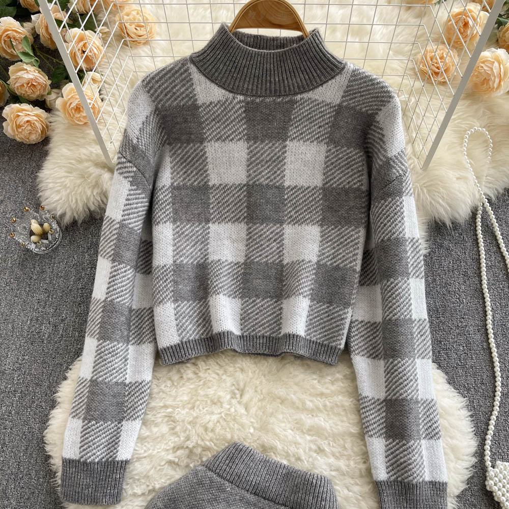 Women Fashion Plaid Sweater Suit Two Piece Knitwear