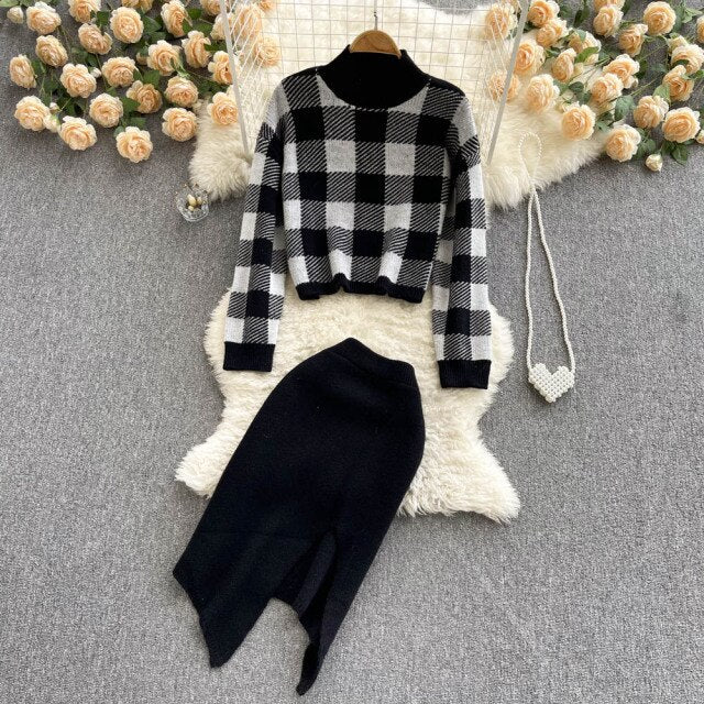 Women Fashion Plaid Sweater Suit Two Piece Knitwear