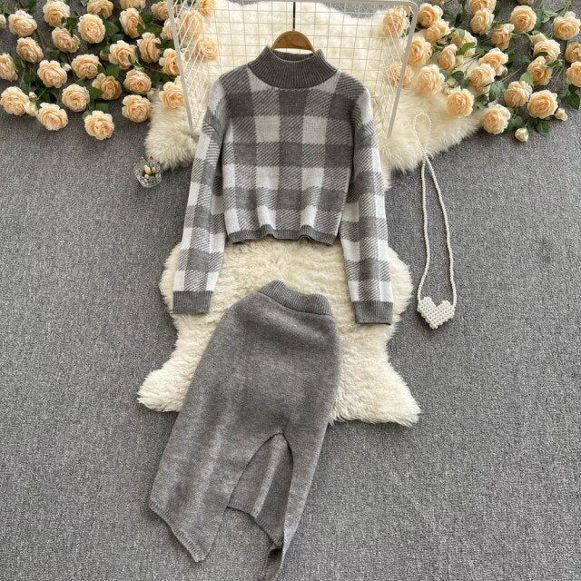 Women Fashion Plaid Sweater Suit Two Piece Knitwear