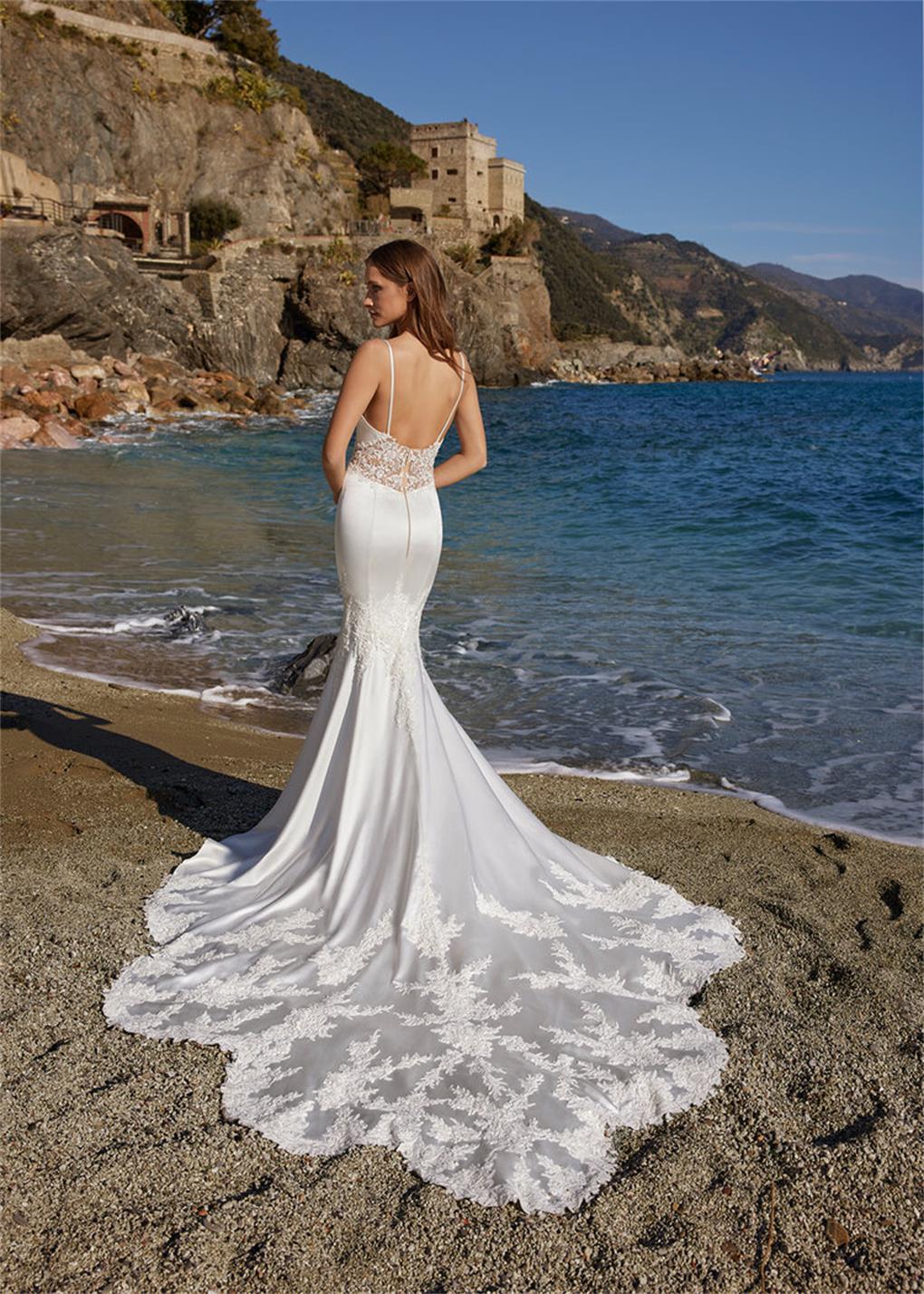 White Mermaid Wedding Dresses Satin Appliqued Lace Sleeveless