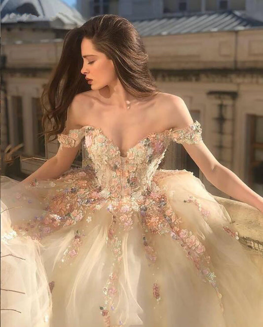 Champagne Princess Prom Dresses Off the Shoulder Sweetheart