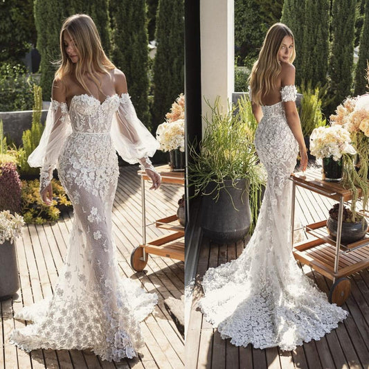 Sexy Mermaid Wedding Dresses Detachable Long Sleeves Floral