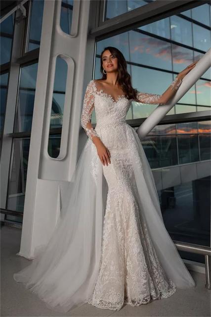 Gorgeous Overskirt Wedding Dresses Mermaid Lace Appliqued