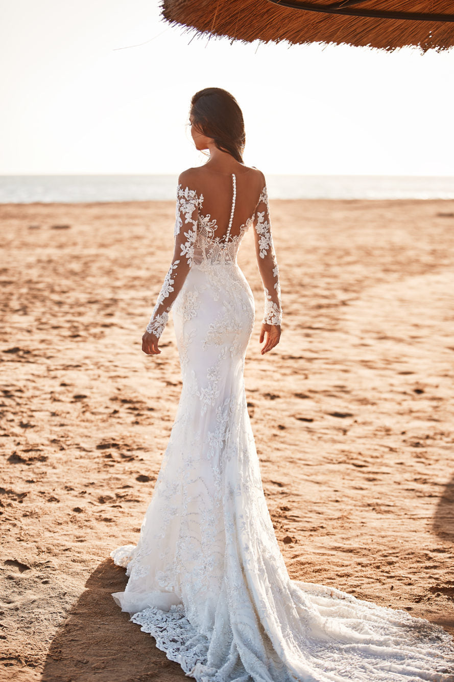 New Mermaid Wedding Dress with Long Sleeve Appliqued Lace