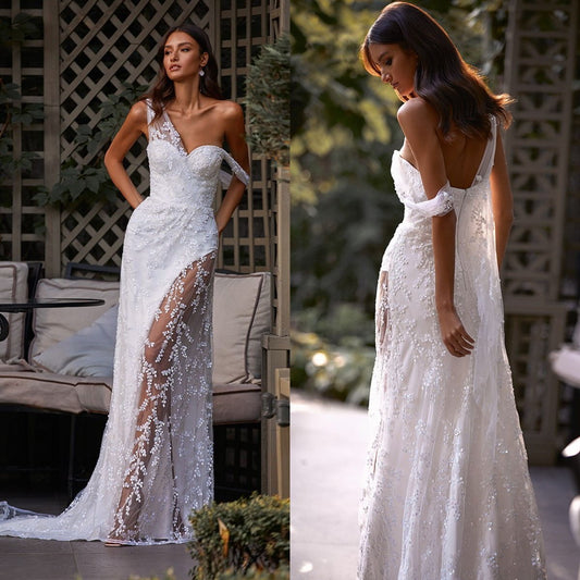 Sexy Mermaid Wedding Dresses Lace Beaded High Split Boho Bridal Gowns