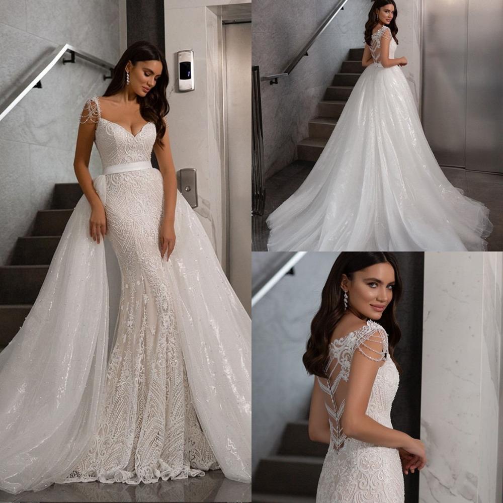 Embroidered Wedding Dresses with Detachable Train Crystal Sweep rain