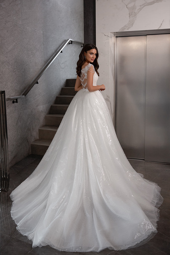 Embroidered Wedding Dresses with Detachable Train Crystal Sweep rain