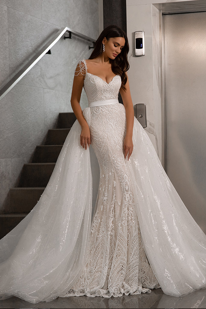 Embroidered Wedding Dresses with Detachable Train Crystal Sweep rain