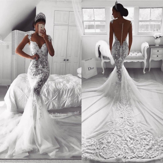 Mermaid Wedding Dresses Sheer Neck Full Lace Arabic Bridal Gowns