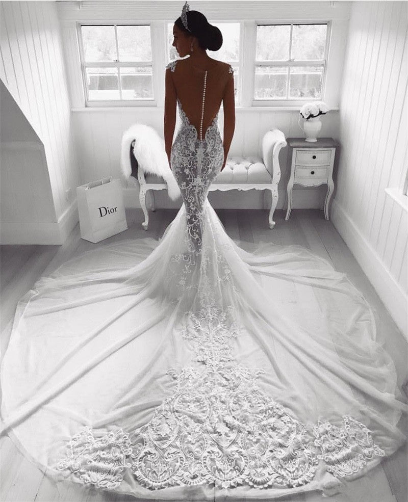 Mermaid Wedding Dresses Sheer Neck Full Lace Arabic Bridal Gowns