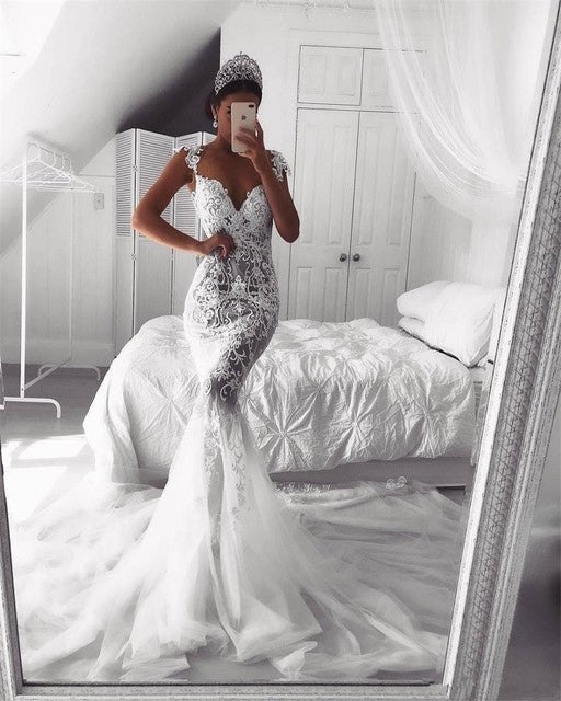 Mermaid Wedding Dresses Sheer Neck Full Lace Arabic Bridal Gowns